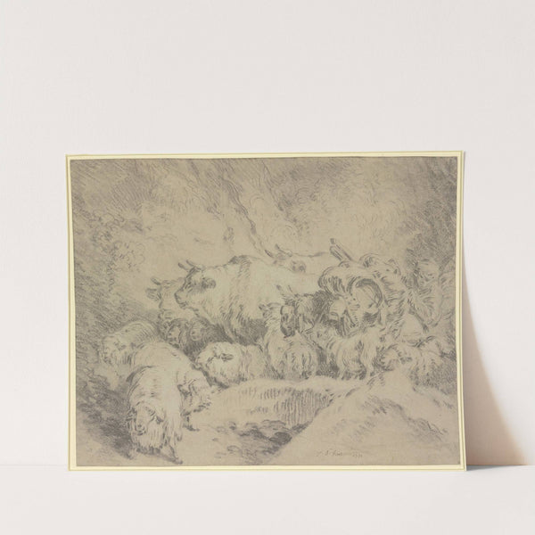 Ein Hirte mit einem bepacktem Esel treibt Ochsen und Schafe vor sich her by Jean-Baptiste Huet