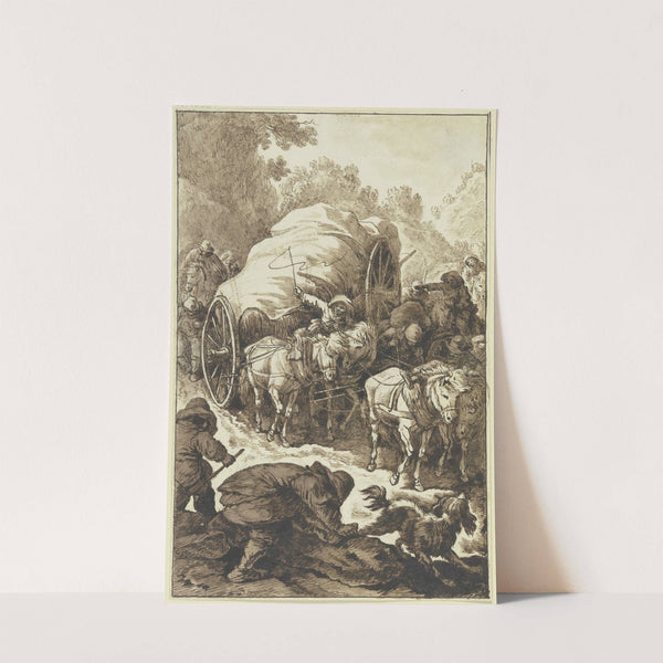 Ein hochbepackter, von vier Pferden gezogener Wagen kommt einen Gebirgsweg herab by Johann Albrecht Dietzsch