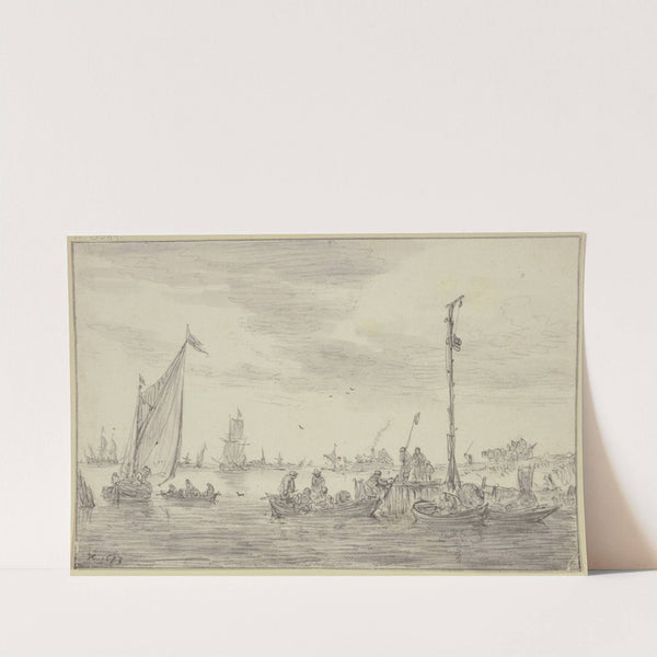 Ein hoher Signalmast halbrechts auf einer Landungsstelle, an der Ruderboote liegen by Jan van Goyen