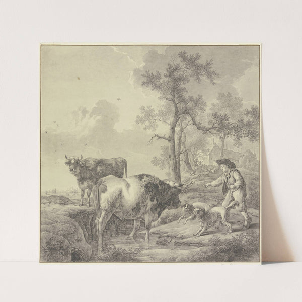 Ein im Wasser stehender Ochse wird von zwei Hunden, die ein Junge an der Leine hat, angebellt by Bernhard Hendrik Thier