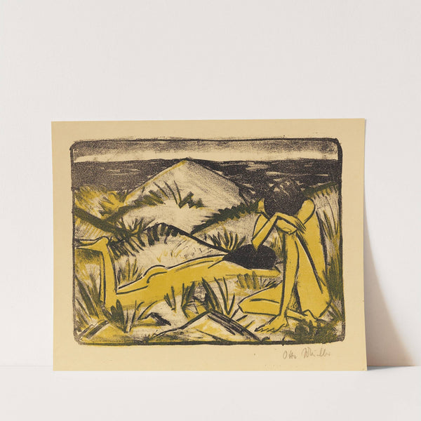 Ein in Dünen sitzendes und ein liegendes Mädchen (Zwei Mädchen in den Dünen, Sylt) (1920-1924) by Otto Mueller