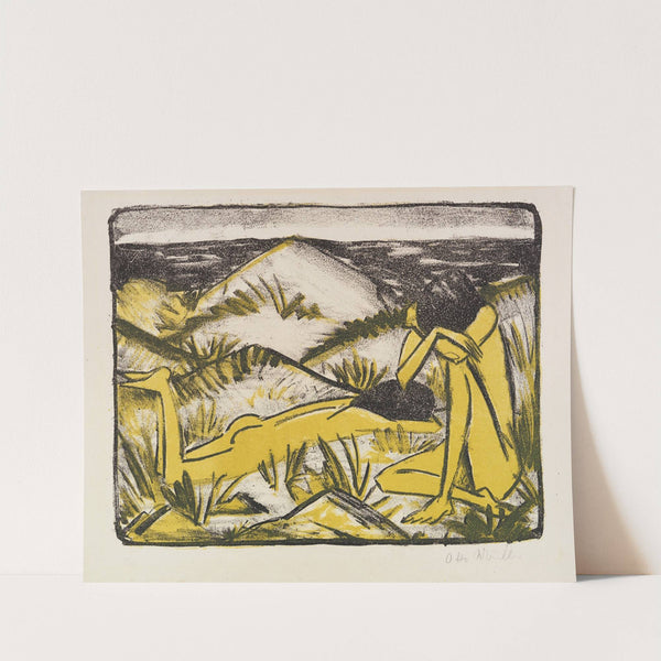 Ein in Dünen sitzendes und ein liegendes Mädchen (Zwei Mädchen in den Dünen, Sylt) by Otto Mueller