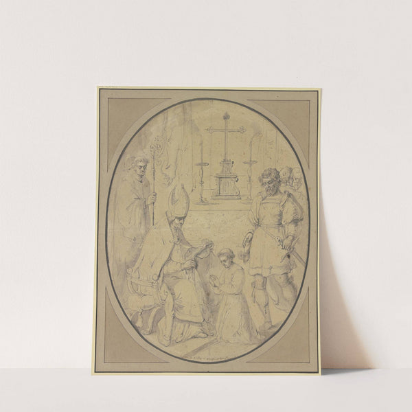 Ein junger Geistlicher mit Heiligenschein wird von einem Bischof mit einem Gewand bekleidet, rechts ein Krieger mit einem Schwert by Theodoor Rombouts