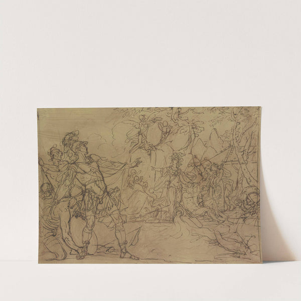 Ein junger Krieger ist im Begriff, ein Lager anzugreifen, Minerva verwehrt es ihm, sie ist umgeben von Wappen tragenden Nymphen und Amoretten by Gerard de Lairesse