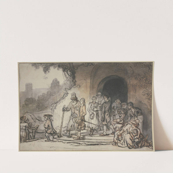 Ein junger Mann, gestiefelt und gespornt, tritt begleitet von seinem alten Vater und seiner Familie aus einem Haus, im Hintergrund halten Diener sein Pferd by Samuel van Hoogstraten