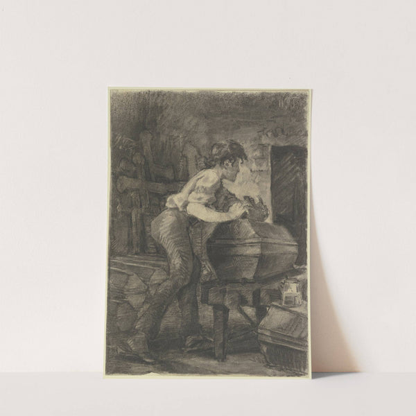 Ein junger Schreiner hobelt in der Werkstatt an einem Sarg by Wilhelm Trübner