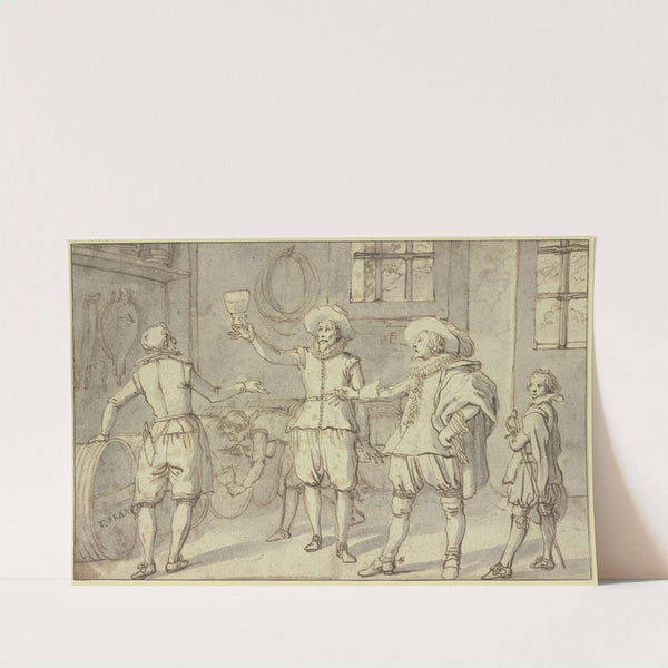 Ein Kavalier gefolgt von seinem Pagen, der seinen Degen trägt, lässt in einem Keller Wein probieren by Frans Francken The Elder