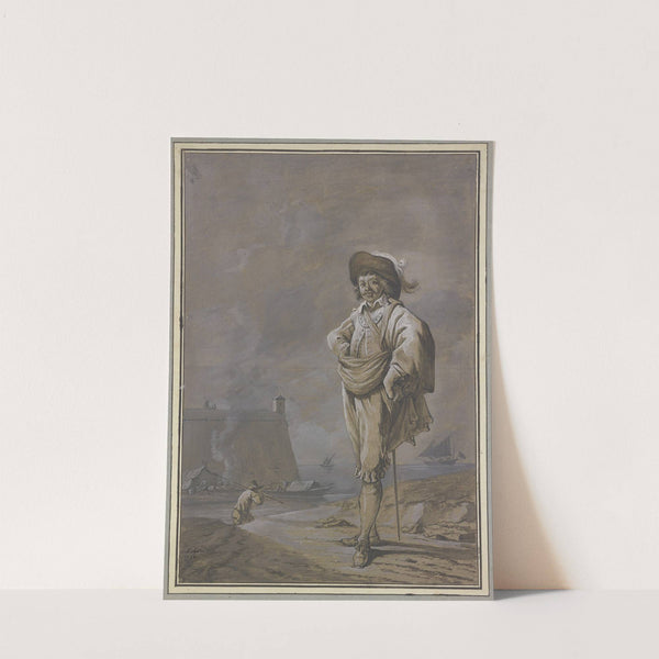 Ein Kavalier mit Hut, Mantel und Degen steht am Ufer des Meeres by Charles Echard