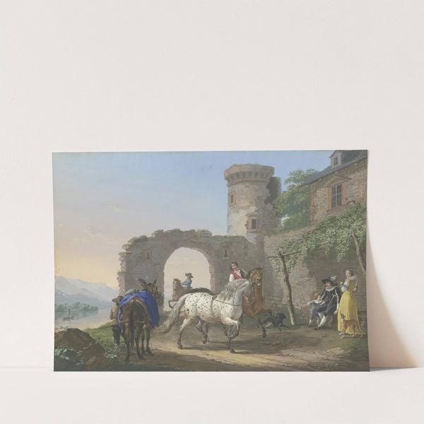 Ein Kavalier sitzt mit seiner Frau und seinem Sohn vor seinem Haus und lässt sich einen Schimmel vorführen by Johann Georg Pforr