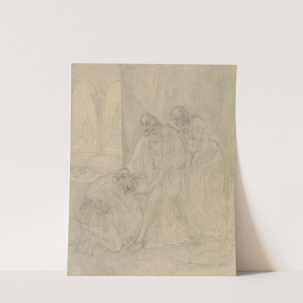 Ein kniender Edelmann hält das Knie eines vor ihm sitzenden Fürsten umschlungen, hinter diesem stehend eine junge Frau mit trauriger Miene, die Szene verfolgend by Victor Müller