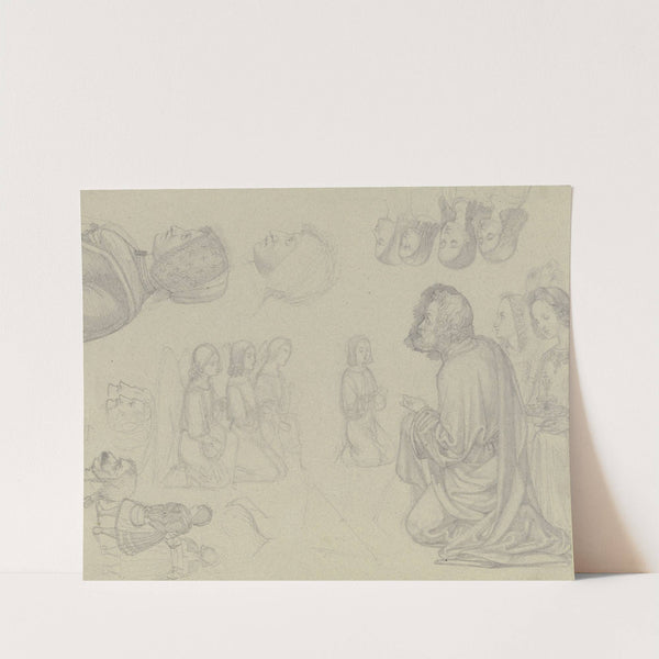 Ein kniender Heiliger, dabei zwei Engel, verschiedene kniende Engel, Köpfe und in der linken Ecke zwei Dachauer Bäuerinnen by Ferdinand Fellner