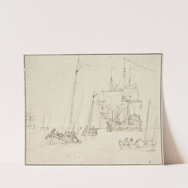 Ein Kriegsschiff, umgeben von drei Segelbooten, in der Ferne noch mehrere andere Schiffe by Willem van de Velde the Younger