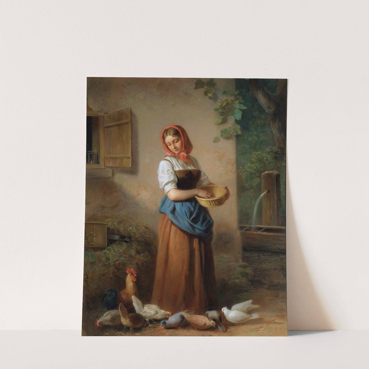 Ein Mädchen, Hühner und Tauben fütternd by Georg Decker