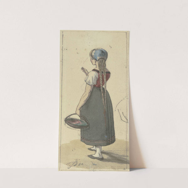 Ein Mädchen mit langen Zöpfen und einem Körbchen in Rückenansicht by Jakob Fürchtegott Dielmann