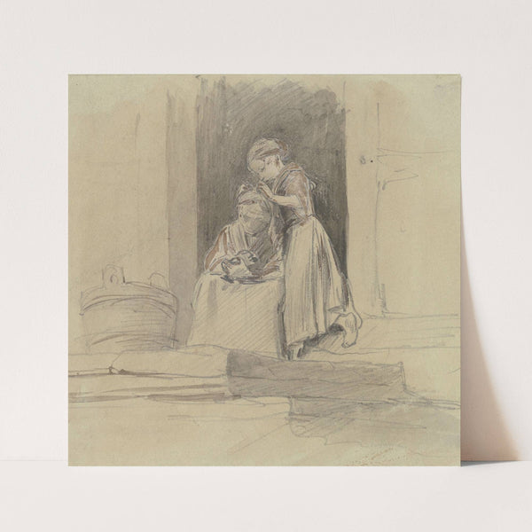 Ein Mädchen sucht im Haar einer im Hauseingang sitzenden alten Frau nach Läusen by Jakob Fürchtegott Dielmann