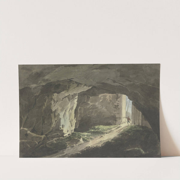 Ein Maler läuft mit seinem Zeichenbrett in eine mit einem gewaltigen Tor verschließbare Felshöhle by Jean Grandjean