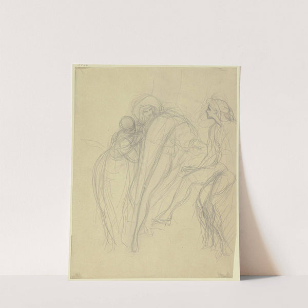 Ein Mann mit großem Hut, dem sich eine Frau anschmiegt, rechts eine sitzende Figur by Victor Müller