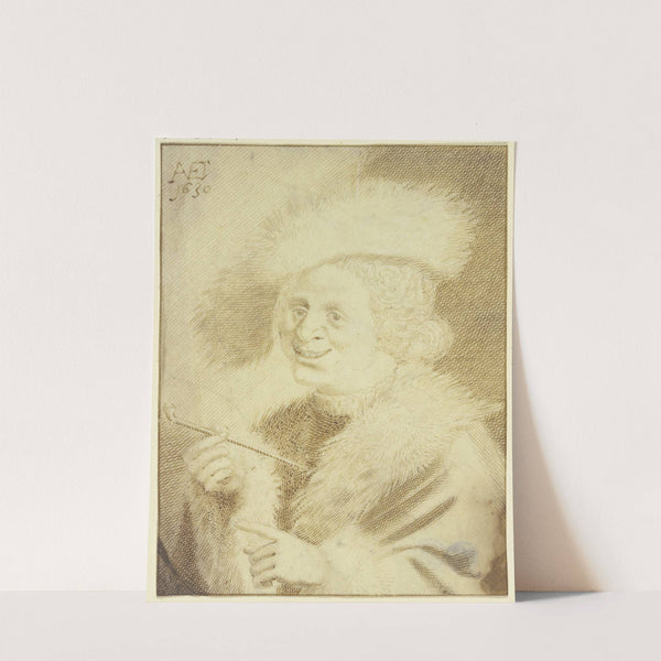Ein Mann mit Pelzmütze und Pelzrock lachend eine Pfeife haltend by Jan van de Velde II