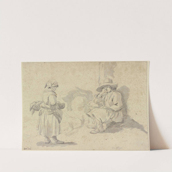 Ein Mann ruht hinter seinem beladenen Esel aus, vor ihm steht ein Mädchen mit einem Korb by Johann Heinrich Roos