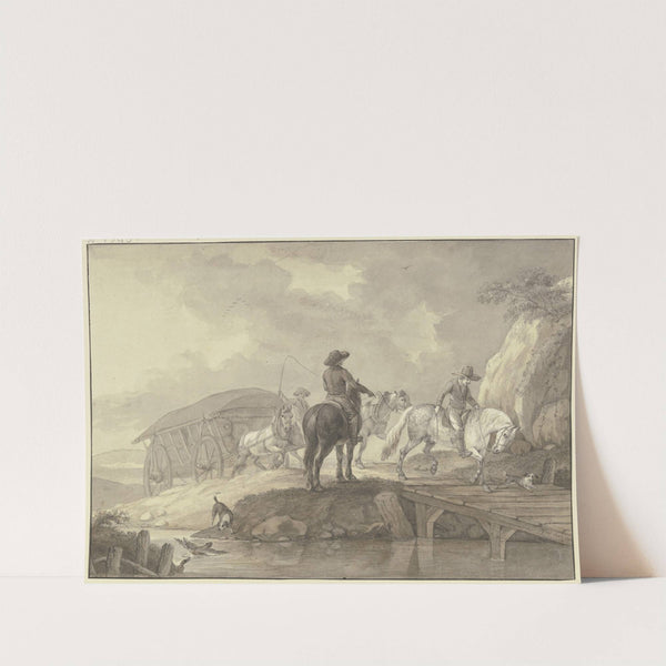 Ein mit Säcken beladener Lastwagen, begleitet von zwei Reitern und zwei Hunden, fährt über eine Brücke (1784) by Johann Georg Pforr