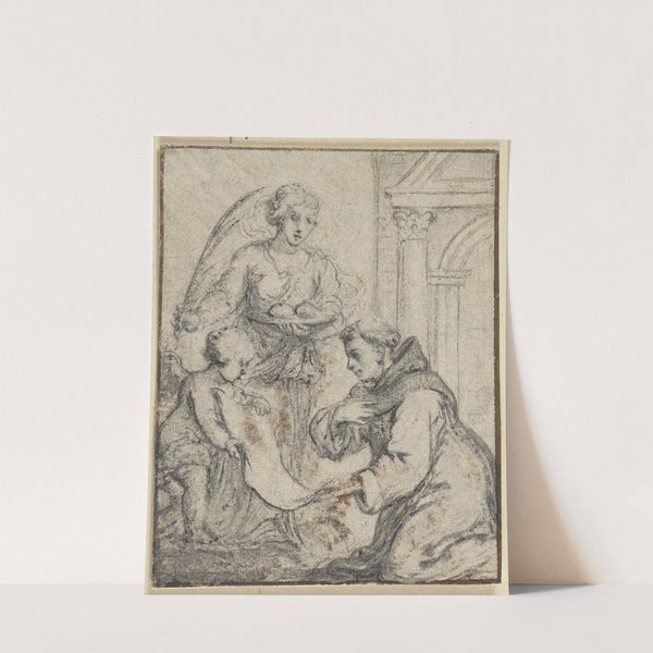 Ein Mönch kniet vor einem großen Engel, der eine Palme hält und einem kleinen, der eine große Papierrolle hält by Abraham van Diepenbeeck