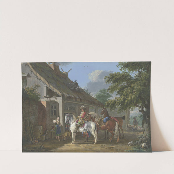 Ein reichgekleideter Kavalier hält mit drei Pferden und einem Diener vor einem Bauernhaus, eine barfüßige junge Frau schenkt ihm ein by Johann Georg Pforr