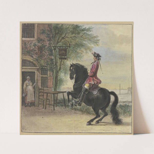 Ein Reiter mit Dreispitz und Zopf, im Hintergrund eine Kanallandschaft by Cornelis Troost