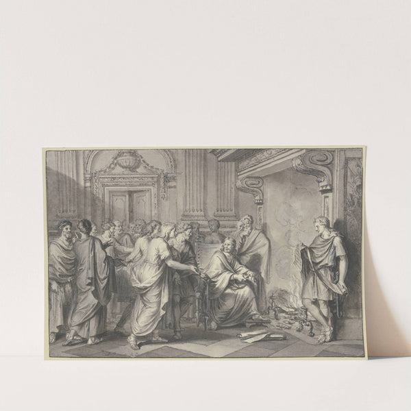 Ein Römer wirft in Gegenwart vieler Personen Papierrollen ins Feuer by Bernard Picart