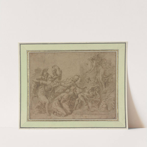 Ein römischer Feldherr auf einem Stuhle sitzend begnadigt Gefangene, hinter ihm eine Viktoria by Giulio Romano