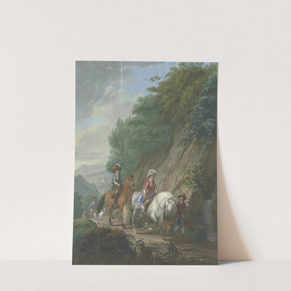 Ein rotgekleideter Kavalier auf einem Schimmel mit Gefolge reitet auf einem steilen Bergweg über eine Holzbrücke bei einem Wasserfall by Johann Georg Pforr