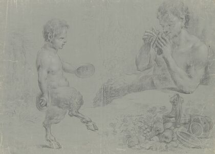 Ein Satyr bläst einem Satyrknaben zum Tanz