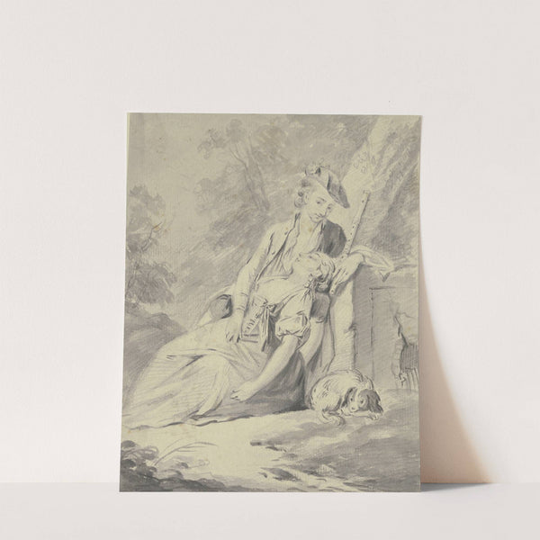 Ein Schäfer und eine Schäferin mit einem Hund lagern unter Bäumen by Gottlieb Welté