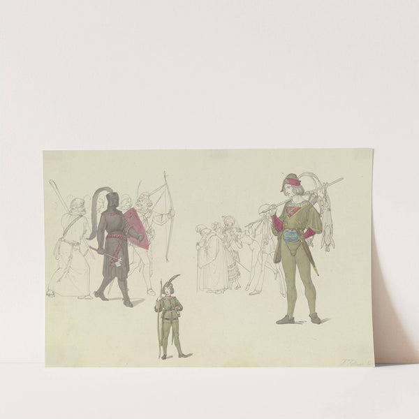 Ein schwarzer Ritter, Bogenschützen, ein Jäger sowie Maskenträger by Ferdinand Fellner