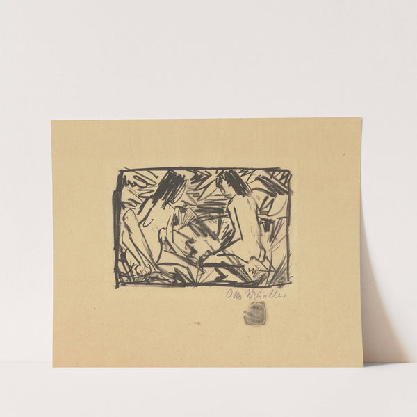 Ein sitzendes und ein kniendes Mädchen unter Blättern by Otto Mueller