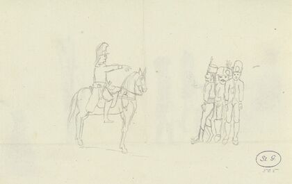 Ein Soldat zu Pferde und drei stehende Soldaten in verschiedenen Uniformen