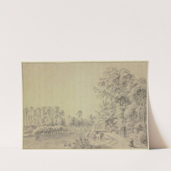 Ein Teich mit Bäumen eingefasst, rechts bei einer Brücke auf einer Ruhebank sitzt ein Mann mit einem Hund by Antonie Waterloo