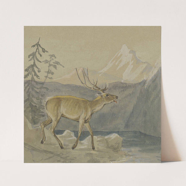 Ein verwundeter Hirsch sucht Labung an einem Gebirgssee by Johann Erdmann Gottlieb Prestel