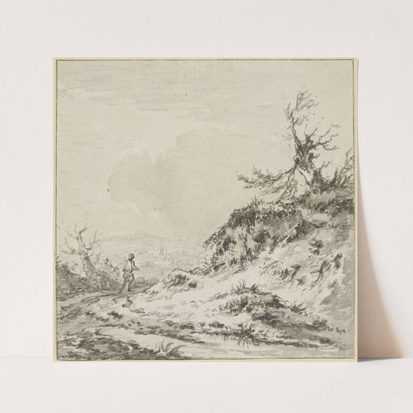 Ein Wanderer auf einem Wege an abgerissenem Terrain, auf welchem ein verkrüppelter Baum steht by Jan Wijnants