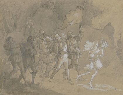 Ein Zug historisch gewandeter Krieger, angeführt vom trommelnden Tod