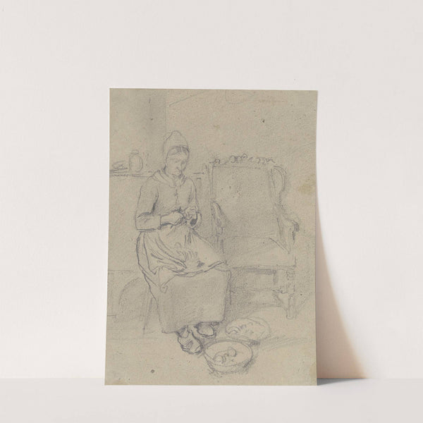 Eine alte Bäuerin sitzt neben einem Sessel und schält Kartoffeln by Jakob Fürchtegott Dielmann