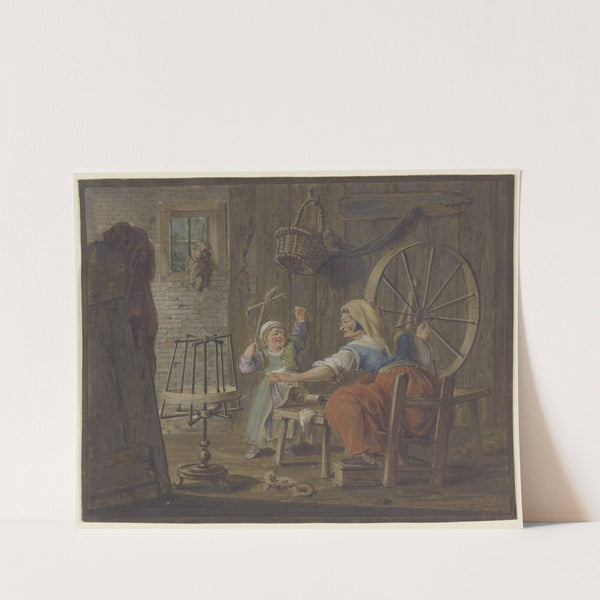 Eine alte Frau haspelt Garn, dabei ein Kind mit einem Vogel by Pieter Bartholomeusz. Barbiers