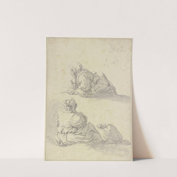 Eine aufgestützt liegende sowie eine bei einem Sack sitzende Frau by Johann Heinrich Roos