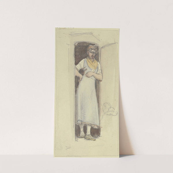 Eine Bäuerin mit blauem Kleid und gelbem Halstuch steht in einer Tür by Jakob Fürchtegott Dielmann