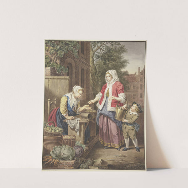 Eine Dame mit einem Knaben kauft Äpfel ein by Jacobus Buys
