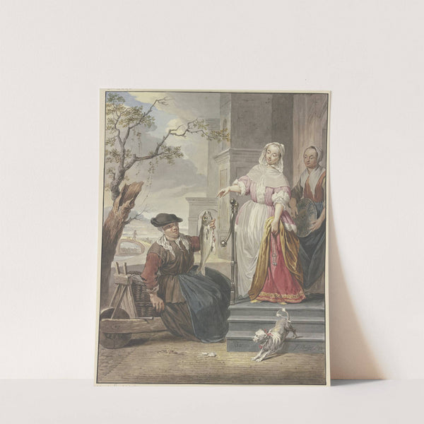 Eine Dame steht mit ihrer Magd vor ihrem Haus und handelt mit einer Fischverkäuferin by Jacobus Buys