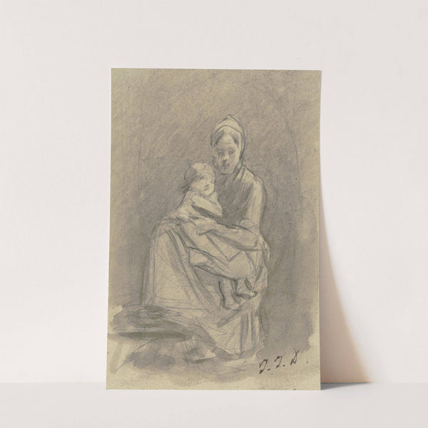 Eine Frau hält ein Kind auf dem Schoß, der Kopf nach vorne, der Körper nach links gewendet by Jakob Fürchtegott Dielmann