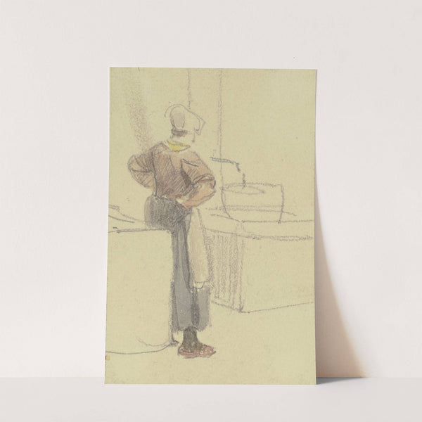 Eine Frau in Rückenansicht und in die Hüfte gestemmten Hände wartet an einem Brunnen, bis ihr Zuber vollgelaufen ist by Jakob Fürchtegott Dielmann