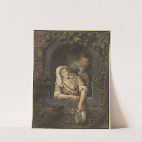 Eine Frau mit entblöstem Busen leert ein Nachtgeschirr zum Fenster hinaus, hinter ihr ein rauchender junger Mann by Lambert Antonius Claessens