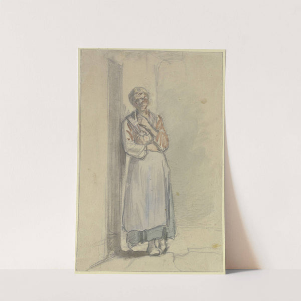 Eine Frau steht mit der rechten Schulter an die Haustür angelehnt, die linke Hand greift in das Dekolleté by Jakob Fürchtegott Dielmann