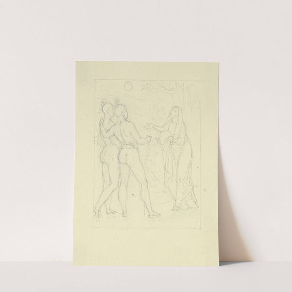 Eine Frau tritt einem als Rückenakte gegebenen, umschlungenen Paar entgegen by Gustav Heinrich Naecke